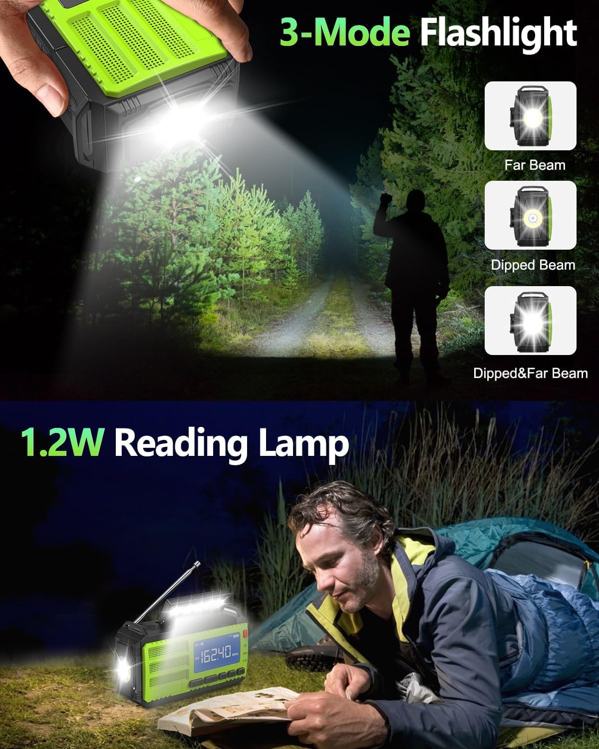 37000mWh Hand Crank Emergency Radio, AM FM NOAA Weather Alert Radio, Portable, Solar, 4 Charging Methods, 3-Mode Flashlight