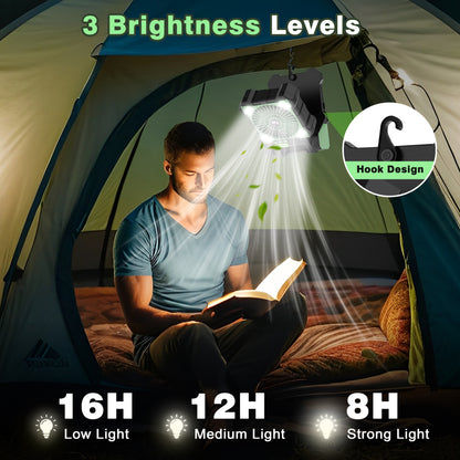 Jazmm Camping Fan, Battery Operated Fan, Rechargeable Personal Fan with Outdoor LED Light,Solar USB Charging, 5 Speed, PiFoldable Angle 90°, Maximum Battery Life 26H for Office, Bedroom, Works
