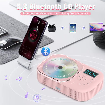Jazmm Portable CD Player, Rechargeable Bluetooth CD Players for Home & Car, 2000mAh Anti-Skip CD Player with FM Radio/USB/AUX/Remote Control, Bulit-in Dual Speakers,Timer (Pink)