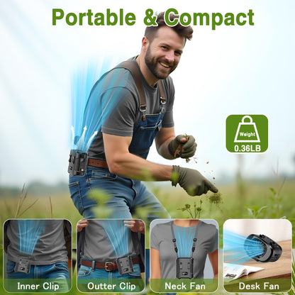 Jazmm Portable Waist Fan, Rechargeable Portable Wearable Fan with 3 Speeds Rechargeable Fan, LED Display, Flashlight & SOS Function, Up to 24H Battery Life for Outdoor Camping Travel