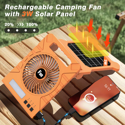 Jazmm Solar Camping Fan, Portable 4000mAh Rechargeable Battery Operated Fan with Solar/Type-C Charging, 4 Speeds, 3-Mode LED Light & Flashlight, 4 Timers, 90° Foldable Stand for Travel, Fishing