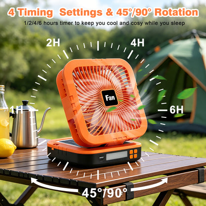 Solar Camping Fan with LED Light, 4000mAh Rechargeable Tent Fan, 4 Speeds, 90° Oscillation, Portable Outdoor Fan for Camping, Travel and Emergency Use