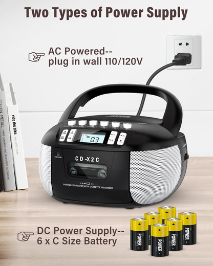 Jazmm CD Player Boombox Cassette Player Combo with Bluetooth, AM/FM Radio, Remote Control with Stereo Sound, AUX/USB Drive, Tape Recording,AC/DC Powered, Headphone Jack, LCD Display for Home,Kids,Gift