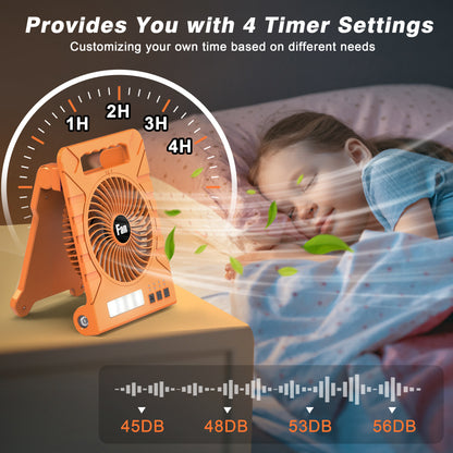 Jazmm Solar Camping Fan, Portable 4000mAh Rechargeable Battery Operated Fan with Solar/Type-C Charging, 4 Speeds, 3-Mode LED Light & Flashlight, 4 Timers, 90° Foldable Stand for Travel, Fishing