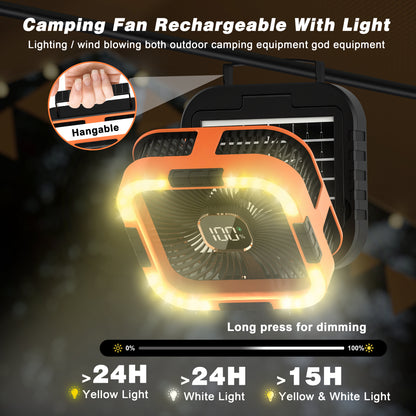 Jazmm Camping Fan with LED Lantern, 10000mAh Portable Battery Operated Outdoor Fan, 120°Head Rotation, 3 Light Modes, 6-Speed Tabletop Fan, Foldable Hooks Tent FansHiking for Camping Travel