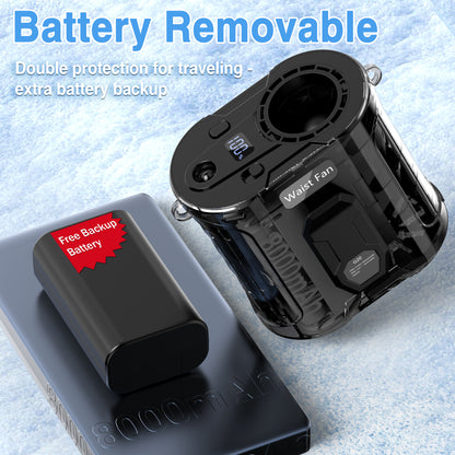 AI Portable Waist Fan With Spare Battery 5 Speeds Strong Airflow Belt Fan 26H Working Time Hands-Free Rechargeable Flashlight Personal Body For Outdoor Hiking Farms Camping