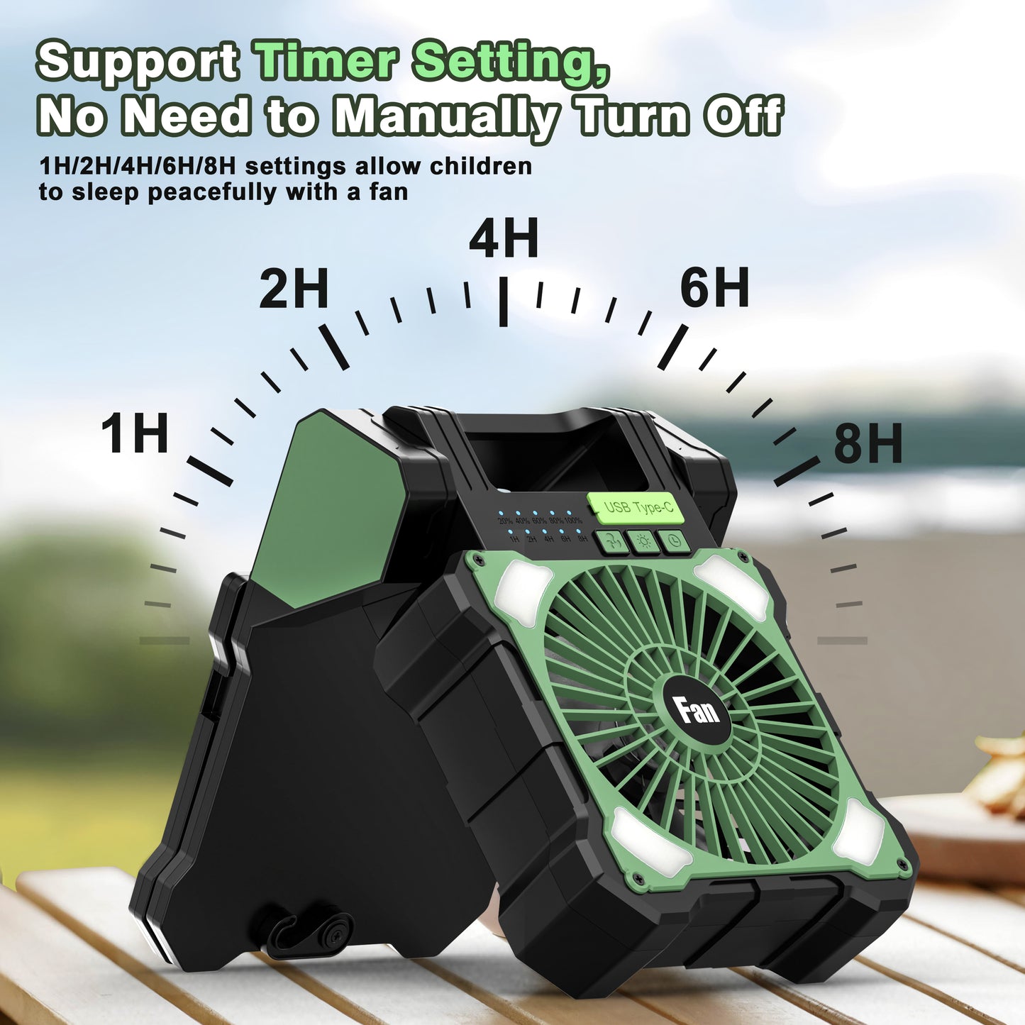 Jazmm Camping Fan, Battery Operated Fan, Rechargeable Personal Fan with Outdoor LED Light,Solar USB Charging, 5 Speed, PiFoldable Angle 90°, Maximum Battery Life 26H for Office, Bedroom, Works