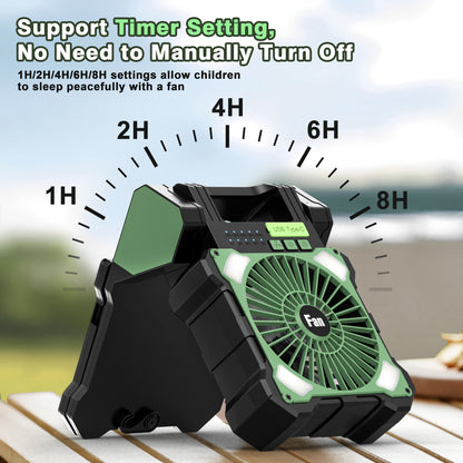Jazmm Camping Fan, Battery Operated Fan, Rechargeable Personal Fan with Outdoor LED Light,Solar USB Charging, 5 Speed, PiFoldable Angle 90°, Maximum Battery Life 26H for Office, Bedroom, Works