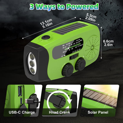 Jazmm Hand Crank Emergency Radio, 7400mWh NOAA/AM/FM Portable Radio, Solar Emergency Radio, Weather Alert, Flashlight for Emergency, Power Bank Cellphone Charger（Green）