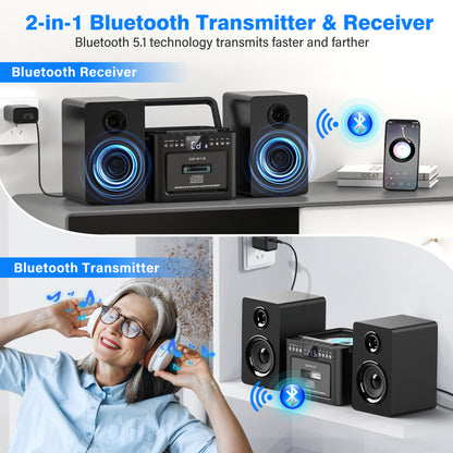 Jazmm Stereo System for Home with Boombox CD and Cassette Player Combo, 40W Home Stereo System with Bluetooth, FM Radio/USB/TF/AUX/Remote Control, Detachable Wooden Bookshelf Speakers