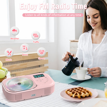 Jazmm Portable CD Player, Rechargeable Bluetooth CD Players for Home & Car, 2000mAh Anti-Skip CD Player with FM Radio/USB/AUX/Remote Control, Bulit-in Dual Speakers,Timer (Pink)