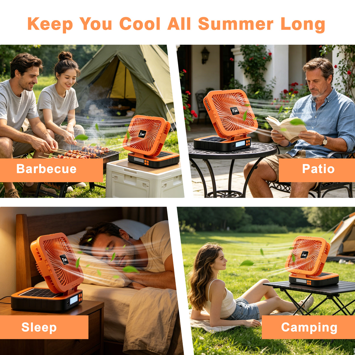 Solar Camping Fan with LED Light, 4000mAh Rechargeable Tent Fan, 4 Speeds, 90° Oscillation, Portable Outdoor Fan for Camping, Travel and Emergency Use