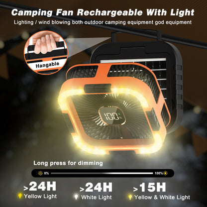 Jazmm Camping Fan with LED Lantern, 10000mAh Portable Battery Operated Outdoor Fan, 120°Head Rotation, 3 Light Modes, 6-Speed Tabletop Fan, Foldable Hooks Tent FansHiking for Camping Travel