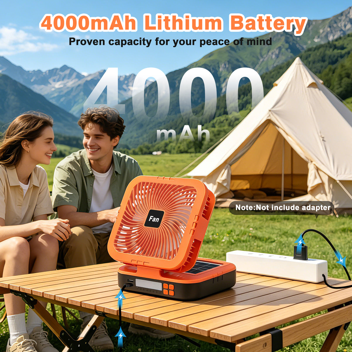 Solar Camping Fan with LED Light, 4000mAh Rechargeable Tent Fan, 4 Speeds, 90° Oscillation, Portable Outdoor Fan for Camping, Travel and Emergency Use