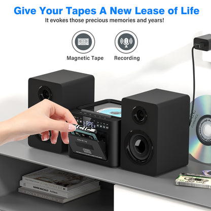 Jazmm Stereo System for Home with Boombox CD and Cassette Player Combo, 40W Home Stereo System with Bluetooth, FM Radio/USB/TF/AUX/Remote Control, Detachable Wooden Bookshelf Speakers