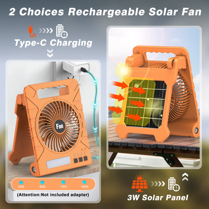 Jazmm Solar Camping Fan, Portable 4000mAh Rechargeable Battery Operated Fan with Solar/Type-C Charging, 4 Speeds, 3-Mode LED Light & Flashlight, 4 Timers, 90° Foldable Stand for Travel, Fishing