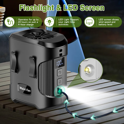 Jazmm Portable Waist Fan, Rechargeable Portable Wearable Fan with 3 Speeds Rechargeable Fan, LED Display, Flashlight & SOS Function, Up to 24H Battery Life for Outdoor Camping Travel