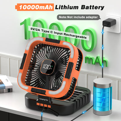 Jazmm Camping Fan with LED Lantern, 10000mAh Portable Battery Operated Outdoor Fan, 120°Head Rotation, 3 Light Modes, 6-Speed Tabletop Fan, Foldable Hooks Tent FansHiking for Camping Travel