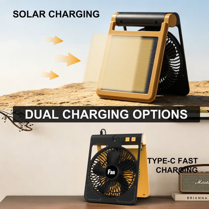 Solar Camping Fan with Light, Rechargeable Portable Tent Fan with LED Lantern, 4-Speed Adjustable Airflow, Type-C Charging, Outdoor Camping and Emergency Use Fan