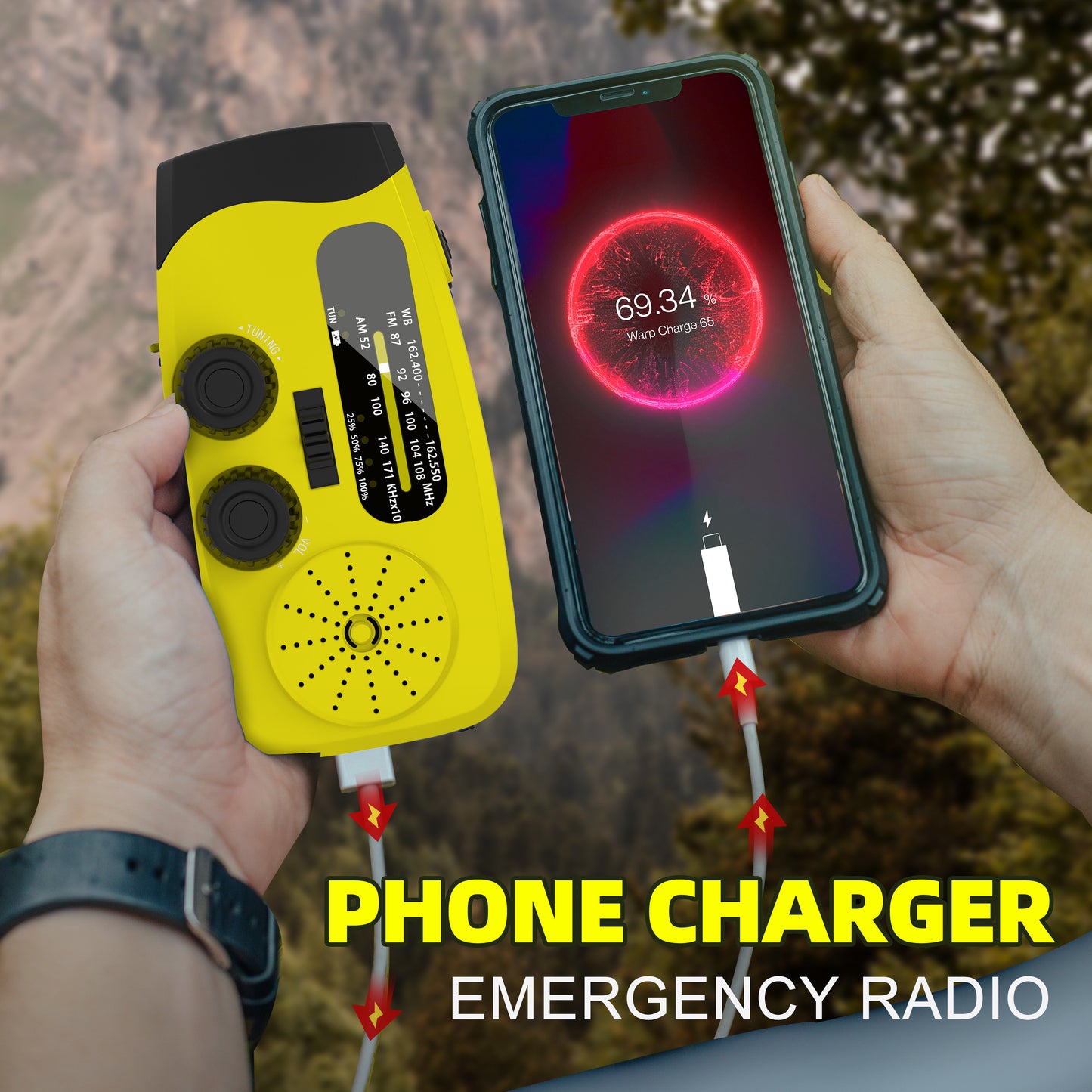 Jazmm Hand Crank Emergency Radio, 7400mWh NOAA/AM/FM Portable Radio, Solar Emergency Radio, Weather Alert, Flashlight for Emergency, Power Bank Cellphone Charger（Yellow）