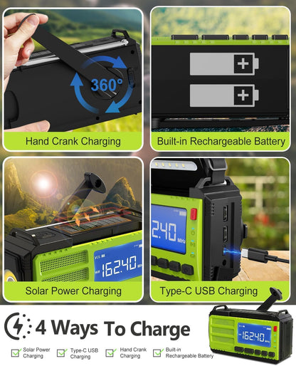 37000mWh Hand Crank Emergency Radio, AM FM NOAA Weather Alert Radio, Portable, Solar, 4 Charging Methods, 3-Mode Flashlight