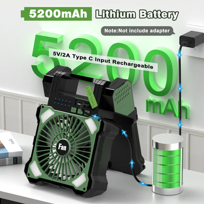 Jazmm Camping Fan, Battery Operated Fan, Rechargeable Personal Fan with Outdoor LED Light,Solar USB Charging, 5 Speed, PiFoldable Angle 90°, Maximum Battery Life 26H for Office, Bedroom, Works