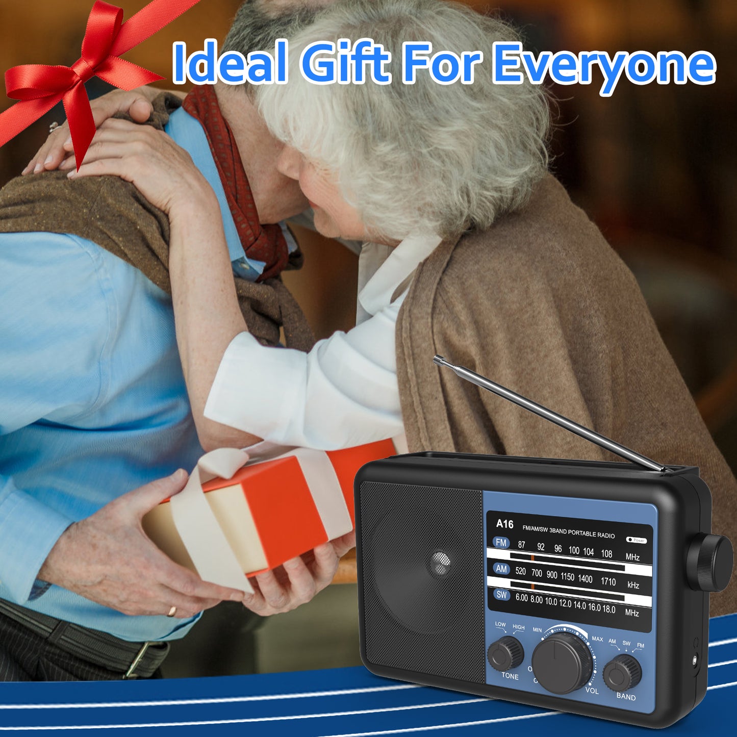 Jazmm Portable AM SW FM 3 Band Radio A16, AC/Battery Operated, Portable Shortwave Radio with Tuning Knob and Speaker, Blue