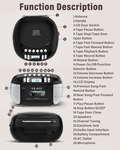 Jazmm CD Player Boombox Cassette Player Combo with Bluetooth, AM/FM Radio, Remote Control with Stereo Sound, AUX/USB Drive, Tape Recording,AC/DC Powered, Headphone Jack, LCD Display for Home,Kids,Gift