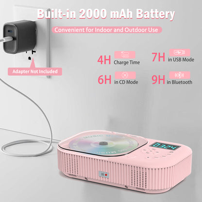 Jazmm Portable CD Player, Rechargeable Bluetooth CD Players for Home & Car, 2000mAh Anti-Skip CD Player with FM Radio/USB/AUX/Remote Control, Bulit-in Dual Speakers,Timer (Pink)