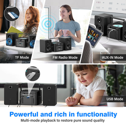 Jazmm Stereo System for Home with Boombox CD and Cassette Player Combo, 40W Home Stereo System with Bluetooth, FM Radio/USB/TF/AUX/Remote Control, Detachable Wooden Bookshelf Speakers