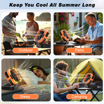 Jazmm Camping Fan with LED Lantern, 10000mAh Portable Battery Operated Outdoor Fan, 120°Head Rotation, 3 Light Modes, 6-Speed Tabletop Fan, Foldable Hooks Tent FansHiking for Camping Travel