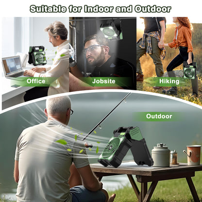 Jazmm Camping Fan, Battery Operated Fan, Rechargeable Personal Fan with Outdoor LED Light,Solar USB Charging, 5 Speed, PiFoldable Angle 90°, Maximum Battery Life 26H for Office, Bedroom, Works