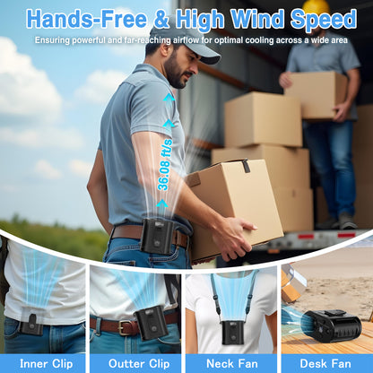 AI Portable Waist Fan With Spare Battery 5 Speeds Strong Airflow Belt Fan 26H Working Time Hands-Free Rechargeable Flashlight Personal Body For Outdoor Hiking Farms Camping