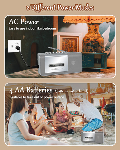 Jazmm Portable Cassette Recorder Player, AM/FM Cassette Tape Player with Built, in Loud Speaker, Microphone & 3.5mm Earphone Jack, AC/AA Battery Powered,  Ideal Gift for Home