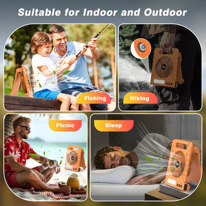 Jazmm Solar Camping Fan, Portable 4000mAh Rechargeable Battery Operated Fan with Solar/Type-C Charging, 4 Speeds, 3-Mode LED Light & Flashlight, 4 Timers, 90° Foldable Stand for Travel, Fishing
