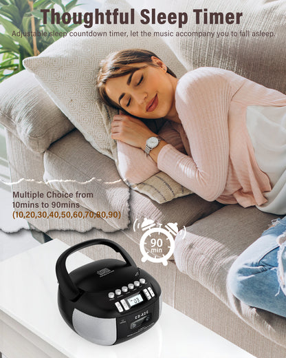 Jazmm CD Player Boombox Cassette Player Combo with Bluetooth, AM/FM Radio, Remote Control with Stereo Sound, AUX/USB Drive, Tape Recording,AC/DC Powered, Headphone Jack, LCD Display for Home,Kids,Gift