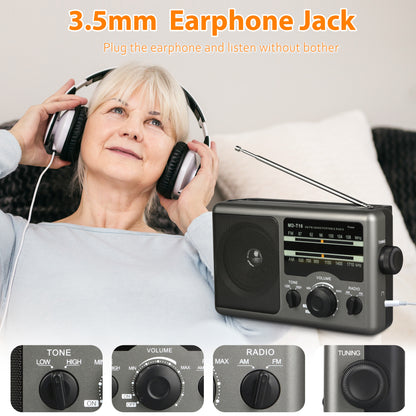 Jazmm AM FM Portable Radio Battery Operated Radio, AC/Battery Dual Power, small radio with and Big Speaker, Standard Earphone Jack, High/Low Tone Mode Large Knob for Home/Outdoor Use