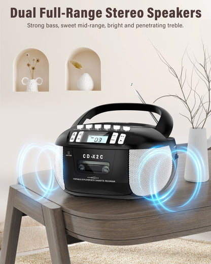 Jazmm CD Player Boombox Cassette Player Combo with Bluetooth, AM/FM Radio, Remote Control with Stereo Sound, AUX/USB Drive, Tape Recording,AC/DC Powered, Headphone Jack, LCD Display for Home,Kids,Gift