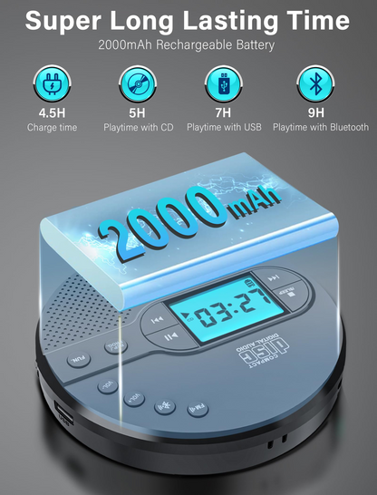 Jazmm CD Player Portable with Bluetooth 5.1, 2000mAh Rechargeable Discman, MP3/CD-R/USB Playback, Backlit LCD, Sleep Timer for Car, Home