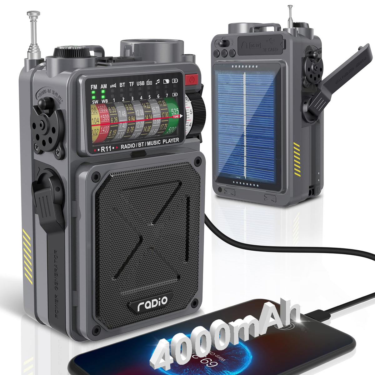 Jazmm Solar Emergency Radio with 4000mAh Power Bank, Hand Crank & Bluetooth 5.0, Portable Survival Radio with SOS Alarm/Flashlight, NOAA Weather/FM/AM/SW for Camping, Hiking, Blackouts