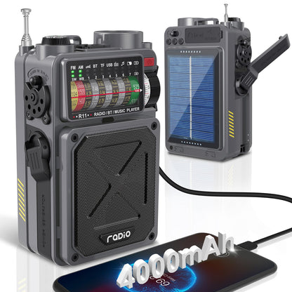 Jazmm Solar Emergency Radio with 4000mAh Power Bank, Hand Crank & Bluetooth 5.0, Portable Survival Radio with SOS Alarm/Flashlight, NOAA Weather/FM/AM/SW for Camping, Hiking, Blackouts