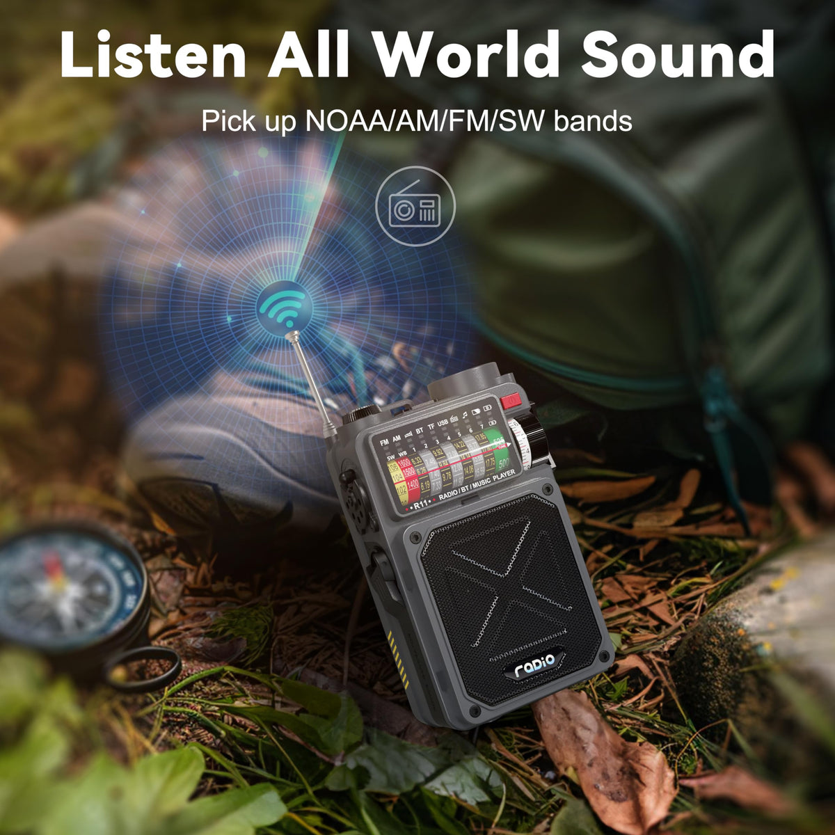 Jazmm Solar Emergency Radio with 4000mAh Power Bank, Hand Crank & Bluetooth 5.0, Portable Survival Radio with SOS Alarm/Flashlight, NOAA Weather/FM/AM/SW for Camping, Hiking, Blackouts