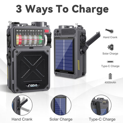 Jazmm Solar Emergency Radio with 4000mAh Power Bank, Hand Crank & Bluetooth 5.0, Portable Survival Radio with SOS Alarm/Flashlight, NOAA Weather/FM/AM/SW for Camping, Hiking, Blackouts