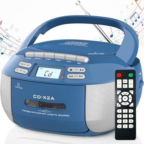 Jazmm Boombox Cassette CD Player Combo with Bluetooth, AM/FM Radio Remote Control, Tape Recording, Stereo Sound, Usb, Speakers, for Home, Music