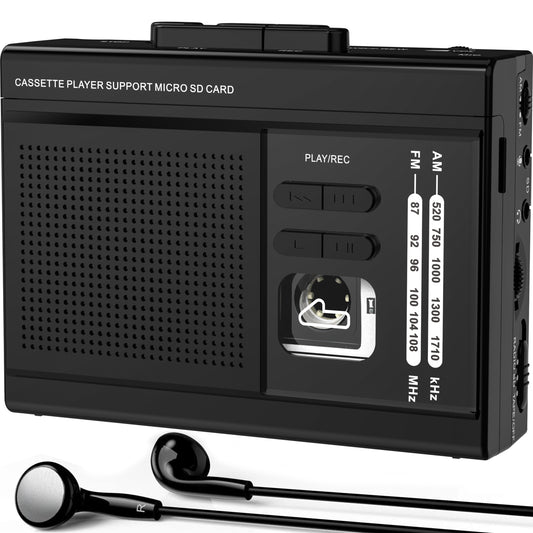 Cassette Player Recorder Converter with AM FM Radio,Cassette to MP3 via SD Card,Cassette Tape Player Support External Microphone with 3.5mm Headphone Jack Powered by Type-C or AA Battery