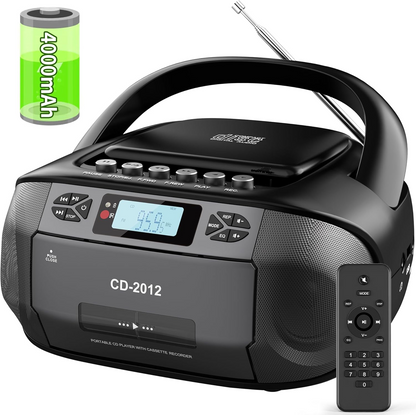 Jazmm Boombox Cassette CD Player Combo with Bluetooth5.3,FM Radio,Remote Control,Tape Recording,Dual Stereo Speakers,Built-in 4000mAh Rechargeable Battery,3.5mm Earphone Jack/AUX/USB for Home