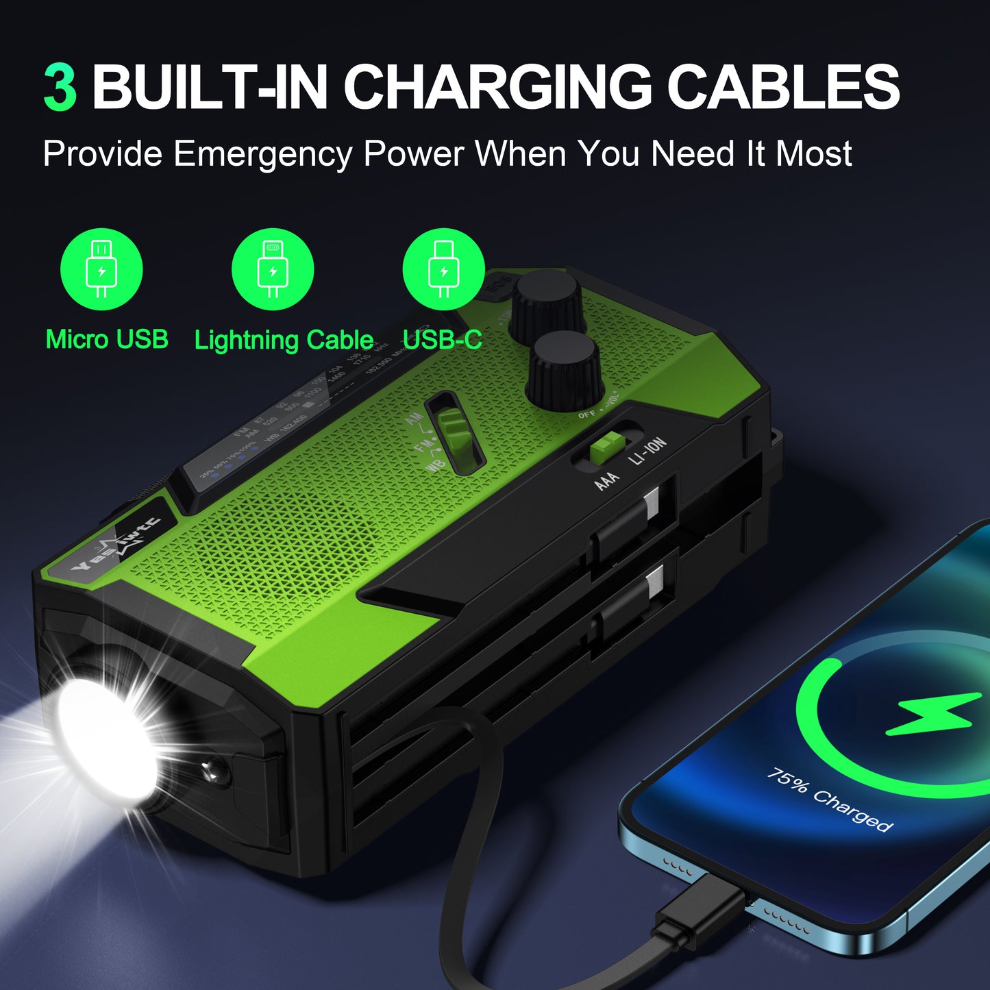 Jazmm Hand Crank Emergency Radio, Emergency Radio,Solar Radio,NOAA/AM/FM Weather Radio, 7400mWh Battery Operated 3 in 1 Charging Cable, LED Reading Light,SOS, for Winter Storm Hurricane Survival Gear
