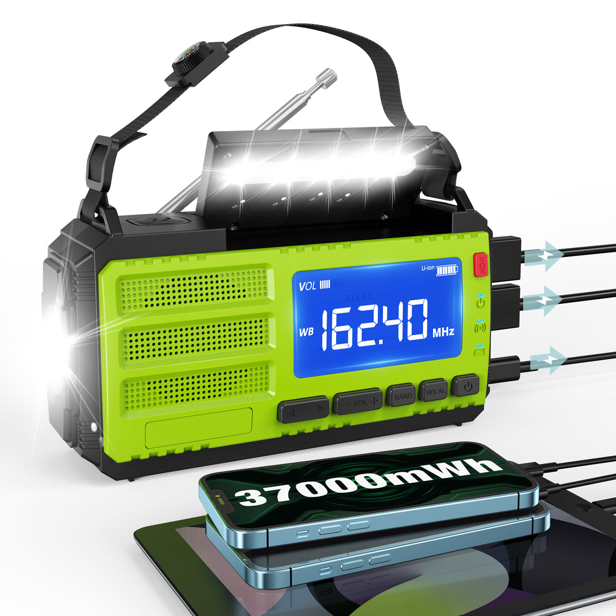 37000mWh Hand Crank Emergency Radio, AM FM NOAA Weather Alert Radio, Portable, Solar, 4 Charging Methods, 3-Mode Flashlight
