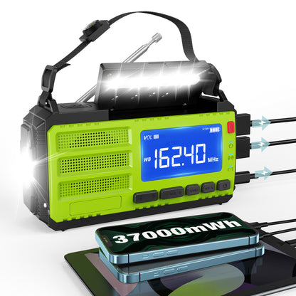37000mWh Hand Crank Emergency Radio, AM FM NOAA Weather Alert Radio, Portable, Solar, 4 Charging Methods, 3-Mode Flashlight