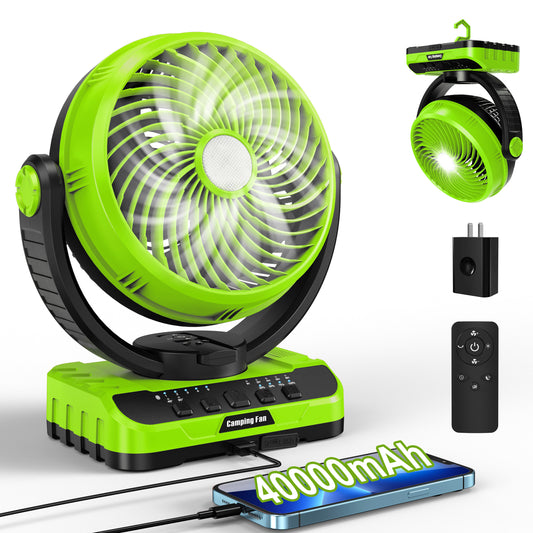 40000mAh Battery Powered Camping Fan - 135H Max Cooling, Rechargeable Battery Operated Oscillating Floor Fan with Charger, Remote & Hook, Portable for Tent Hurricane Power Outage Outdoor Patio